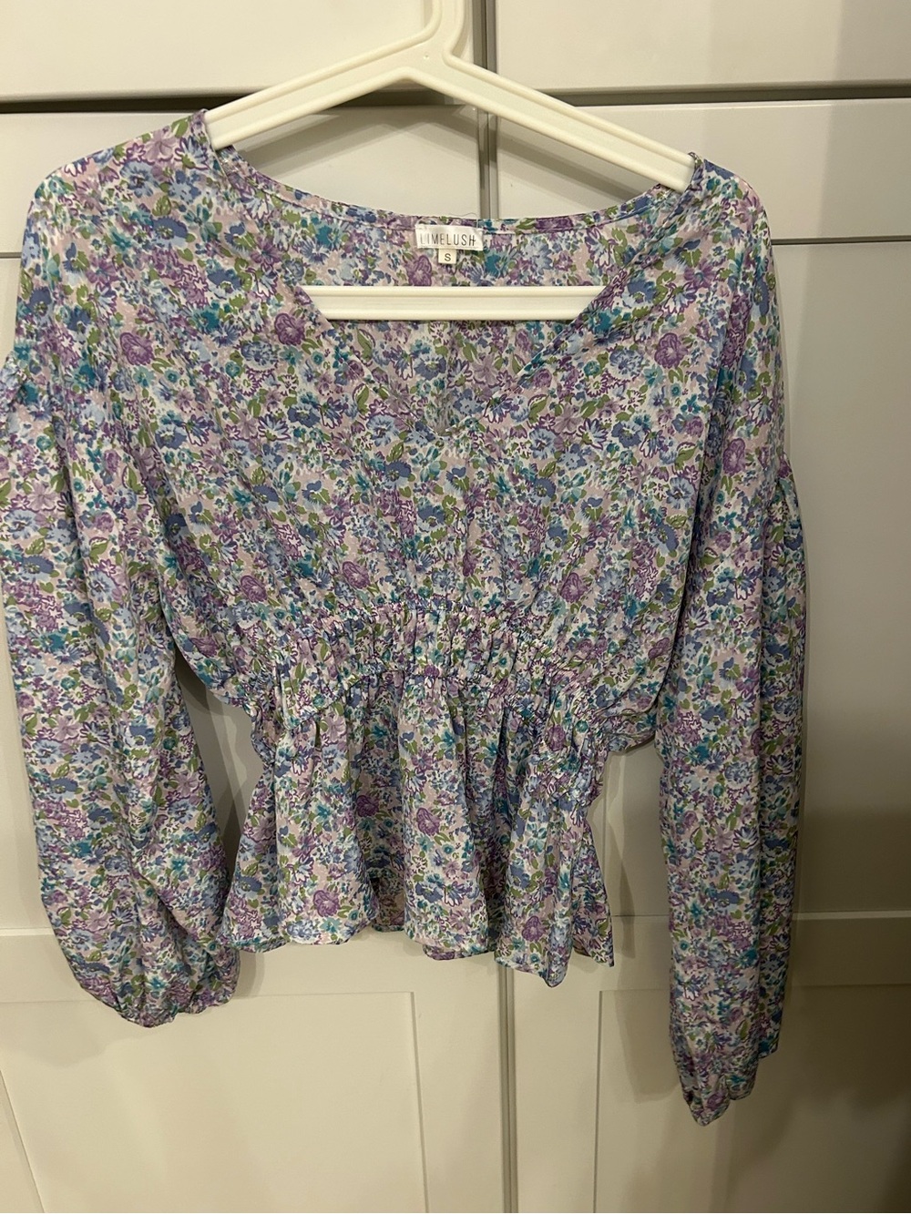 Melushi Lavender Floral Peplum Blouse - Long Sleeve
